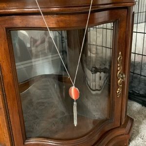 Silver long Necklace with orange stone and silver tassel